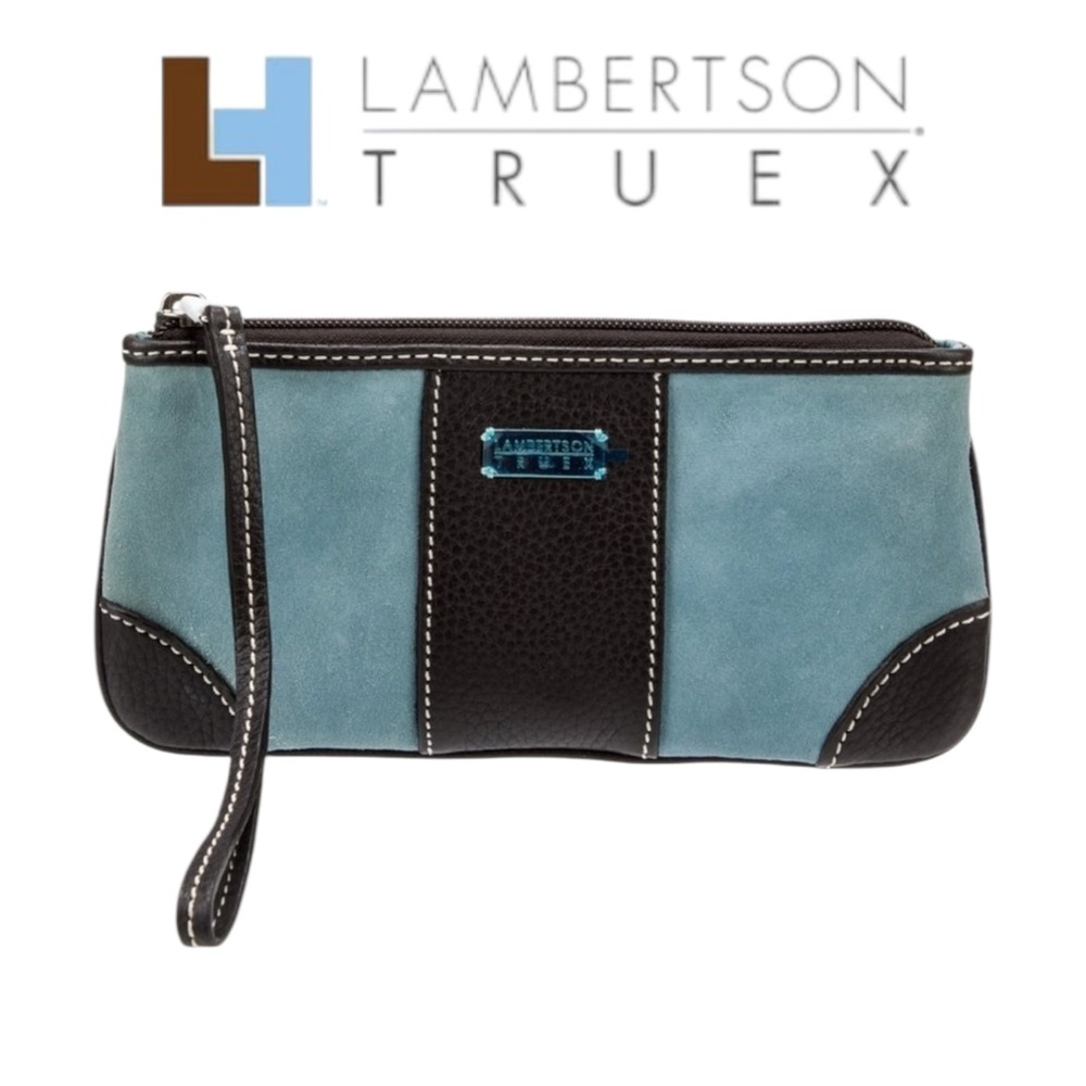NWT LAMBERTSON TRUEX SUEDE CLUTCH LOGO DUSTBAG AND TAGS INCLUDED